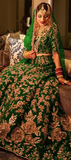 Bridal, Wedding Green color Lehenga in Velvet fabric with Flared Embroidered, Sequence, Thread, Zari work : 1924626