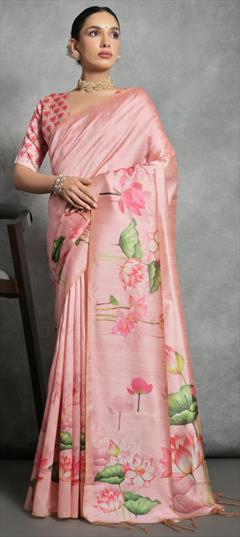 Party Wear, Traditional Pink and Majenta color Saree in Silk, Tussar Silk fabric with South Printed, Weaving, Zari work : 1924627