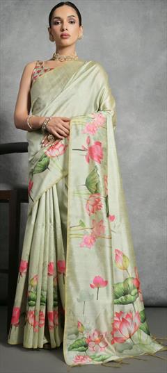 Party Wear, Traditional Green color Saree in Silk, Tussar Silk fabric with South Printed, Weaving, Zari work : 1924631
