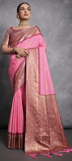 Traditional, Wedding Pink and Majenta color Saree in Silk, Tussar Silk fabric with South Weaving, Zari work : 1924642