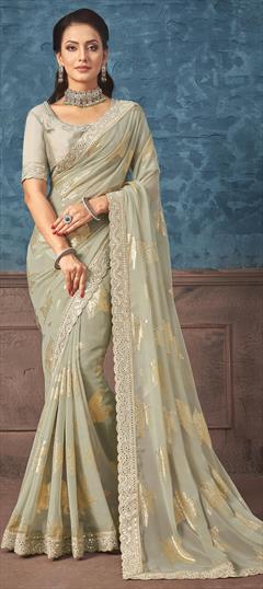 Engagement, Festive Green color Saree in Georgette fabric with Classic Border, Embroidered, Foil Print work : 1924648