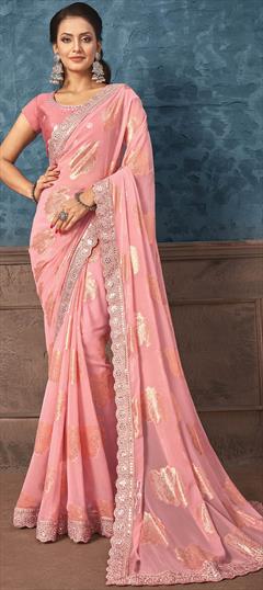 Engagement, Festive, Reception Pink and Majenta color Saree in Georgette fabric with Classic Border, Embroidered, Foil Print work : 1924649