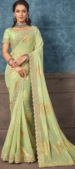 Engagement, Festive, Reception Green color Saree in Georgette fabric with Classic Border, Embroidered, Foil Print work : 1924651