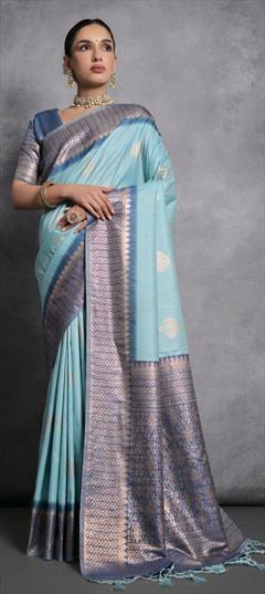 Traditional, Wedding Blue color Saree in Silk, Tussar Silk fabric with South Weaving, Zari work : 1924664