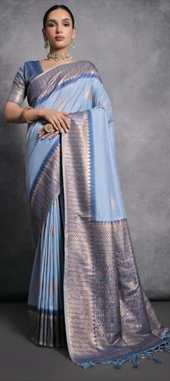 Traditional, Wedding Blue color Saree in Silk, Tussar Silk fabric with South Weaving, Zari work : 1924665