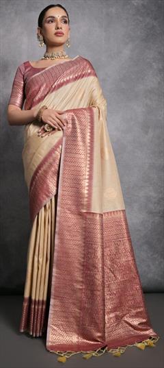 Traditional, Wedding Beige and Brown color Saree in Silk, Tussar Silk fabric with South Weaving, Zari work : 1924666