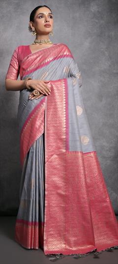 Traditional, Wedding Black and Grey color Saree in Silk, Tussar Silk fabric with South Weaving, Zari work : 1924667