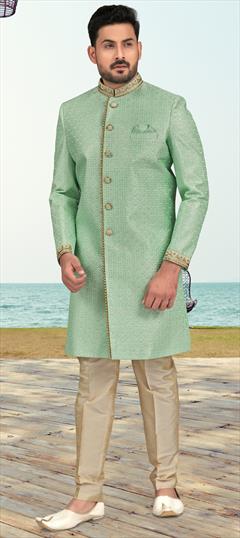 Wedding Green color Sherwani in Banarasi Silk fabric with Embroidered work : 1924722