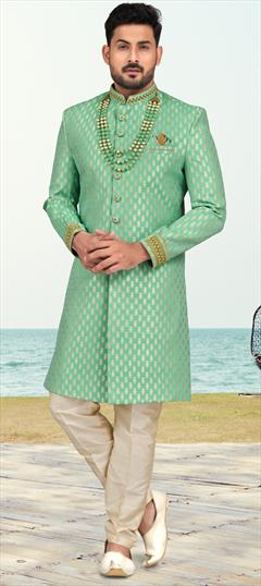 Wedding Green color Sherwani in Jacquard fabric with Stone, Thread, Zari work : 1924723