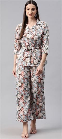 Casual, Summer Blue, White and Off White color Co-ords Set in Muslin fabric with Floral, Printed work : 1924726