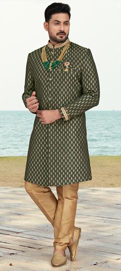 Wedding Green color Sherwani in Jacquard fabric with Stone, Thread, Zari work : 1924728