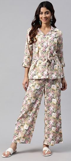Casual, Summer White and Off White, Yellow color Co-ords Set in Muslin fabric with Floral, Printed work : 1924736