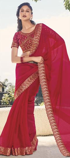 Festive, Party Wear, Reception Red and Maroon color Saree in Shimmer fabric with Classic Embroidered, Mirror, Zari work : 1924757