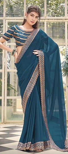 Festive, Party Wear, Reception Blue color Saree in Shimmer fabric with Classic Embroidered, Mirror, Zari work : 1924758
