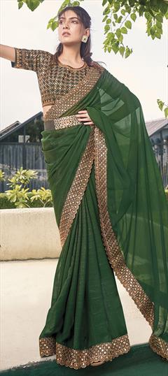 Festive, Party Wear, Reception Green color Saree in Shimmer fabric with Classic Embroidered, Mirror, Zari work : 1924760