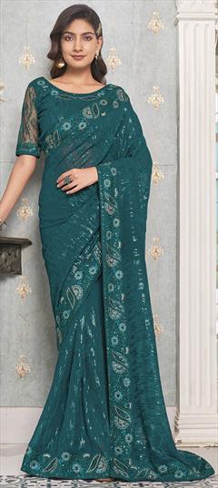 Engagement, Festive, Wedding Blue color Saree in Faux Georgette fabric with Classic Embroidered, Sequence, Thread work : 1924763