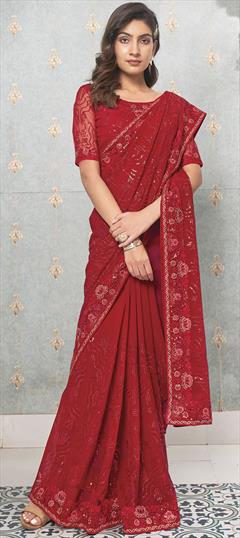 Engagement, Festive, Wedding Red and Maroon color Saree in Faux Georgette fabric with Classic Embroidered, Sequence, Thread work : 1924764