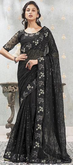 Engagement, Festive, Wedding Black and Grey color Saree in Faux Georgette fabric with Classic Embroidered, Sequence, Thread work : 1924765