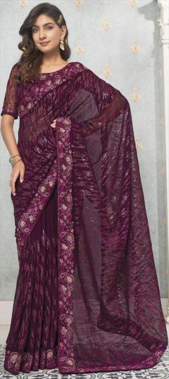 Engagement, Festive, Wedding Purple and Violet color Saree in Faux Georgette fabric with Classic Embroidered, Sequence, Thread work : 1924766