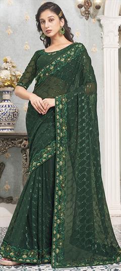 Engagement, Festive, Wedding Green color Saree in Faux Georgette fabric with Classic Embroidered, Sequence, Thread work : 1924767