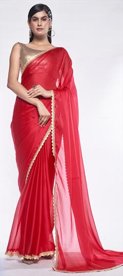 Casual, Party Wear Red and Maroon color Saree in Georgette fabric with Classic Lace work : 1924771