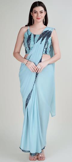 Mehendi Sangeet, Traditional, Wedding Blue color Readymade Saree in Satin Silk fabric with Classic Sequence work : 1924792