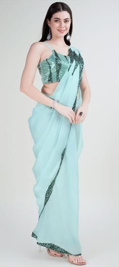 Mehendi Sangeet, Traditional, Wedding Green color Readymade Saree in Satin Silk fabric with Classic Sequence work : 1924793