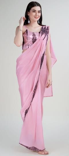 Mehendi Sangeet, Traditional, Wedding Pink and Majenta color Readymade Saree in Satin Silk fabric with Classic Sequence work : 1924794