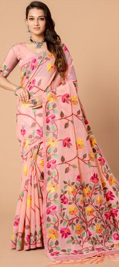 Festive, Party Wear, Traditional Pink and Majenta color Saree in Cotton fabric with Bengali Printed work : 1924853