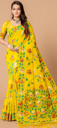 Festive, Party Wear, Traditional Yellow color Saree in Cotton fabric with Bengali Printed work : 1924858