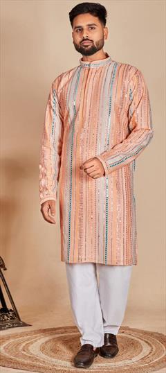 Party Wear Beige and Brown color Kurta Pyjamas in Georgette fabric with Embroidered, Thread work : 1924905