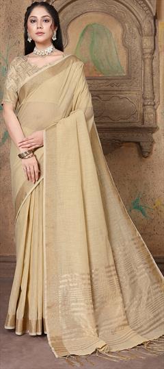 Festive, Traditional Beige and Brown color Saree in Linen fabric with Bengali Weaving work : 1924916