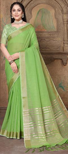 Festive, Traditional Green color Saree in Linen fabric with Bengali Weaving work : 1924917