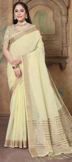 Festive, Traditional White and Off White color Saree in Linen fabric with Bengali Weaving work : 1924918