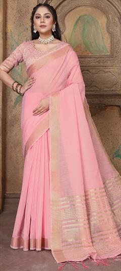 Festive, Traditional Pink and Majenta color Saree in Linen fabric with Bengali Weaving work : 1924919
