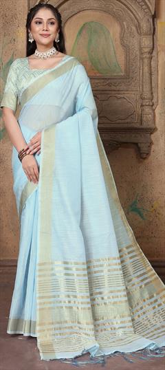 Festive, Traditional Blue color Saree in Linen fabric with Bengali Weaving work : 1924920