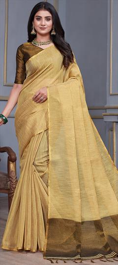 Traditional Beige and Brown color Saree in Linen fabric with Bengali Thread work : 1924926