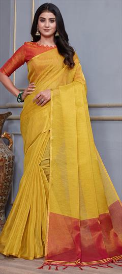 Traditional Gold color Saree in Linen fabric with Bengali Thread work : 1924927