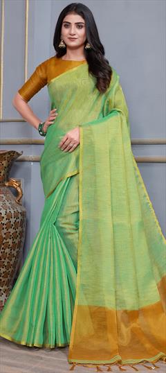 Traditional Green color Saree in Linen fabric with Bengali Thread work : 1924928