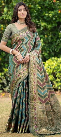 Festive, Reception Green color Saree in Organza Silk fabric with South Embroidered, Thread, Weaving work : 1924934