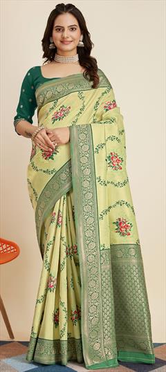Party Wear, Traditional Green, Yellow color Saree in Kanjeevaram Silk fabric with South Floral, Weaving, Zari work : 1924993
