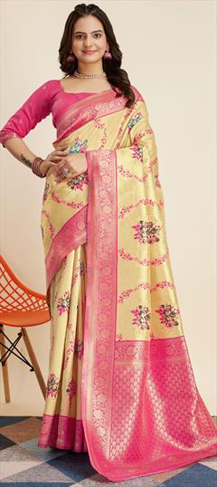 Party Wear, Traditional Pink and Majenta, Yellow color Saree in Kanjeevaram Silk fabric with South Floral, Weaving, Zari work : 1924996