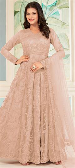 Engagement, Festive, Reception Beige and Brown color Salwar Kameez in Net fabric with Anarkali Embroidered, Sequence, Thread work : 1925021