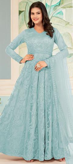 Engagement, Festive, Reception Blue color Salwar Kameez in Net fabric with Anarkali Embroidered, Sequence, Thread work : 1925022