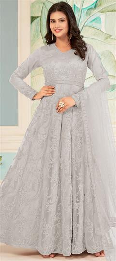 Engagement, Festive, Reception Black and Grey color Salwar Kameez in Net fabric with Anarkali Embroidered, Sequence, Thread work : 1925023