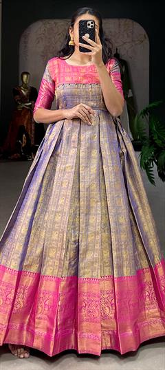 Festive, Party Wear Blue color Gown in Kanjeevaram Silk fabric with Weaving, Zari work : 1925066