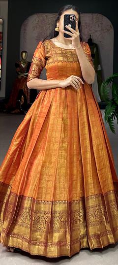 Festive, Party Wear Orange color Gown in Kanjeevaram Silk fabric with Weaving, Zari work : 1925067