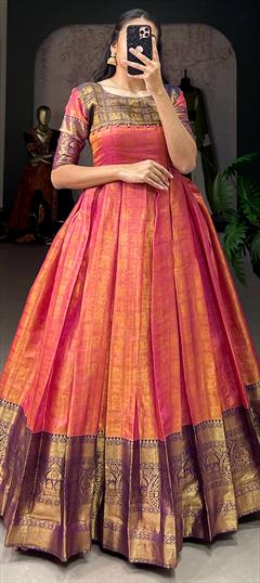 Festive, Party Wear Pink and Majenta color Gown in Kanjeevaram Silk fabric with Weaving, Zari work : 1925068