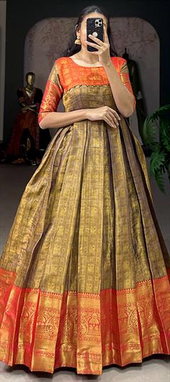 Festive, Party Wear Multicolor color Gown in Kanjeevaram Silk fabric with Weaving, Zari work : 1925069