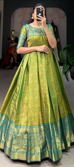 Festive, Party Wear Green color Gown in Kanjeevaram Silk fabric with Weaving, Zari work : 1925070